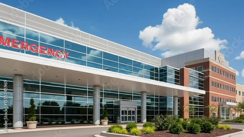 Modern hospital exterior with emergency entrance.