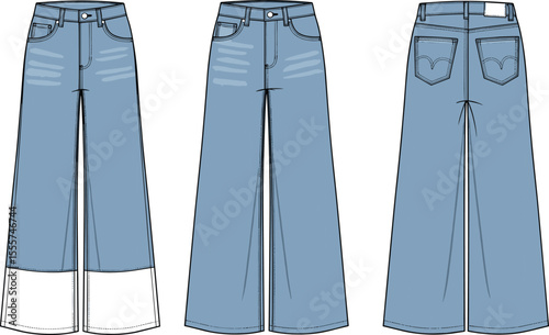 Technical flat sketch of women’s wide leg jeans, cuff detail, faded effect, front and back view, fashion design illustration

 flat vector illustration