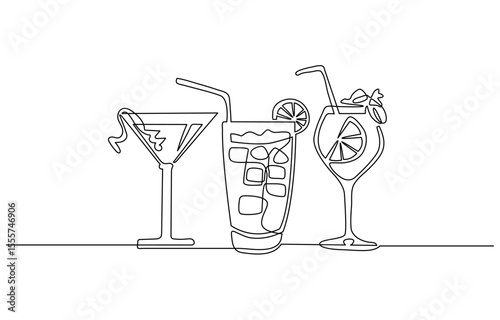 continuous one line drawing of exotic cocktail drinks. Cocktail drink continuous one line drawing. Black and white sketch vector illustration.