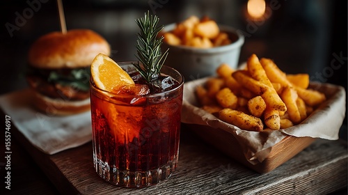 Negroni with gourmet burger and truffle fries, urban bar setting with moody lighting