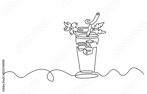 continuous one line drawing of exotic cocktail drinks. Cocktail drink continuous one line drawing. Black and white sketch vector illustration.