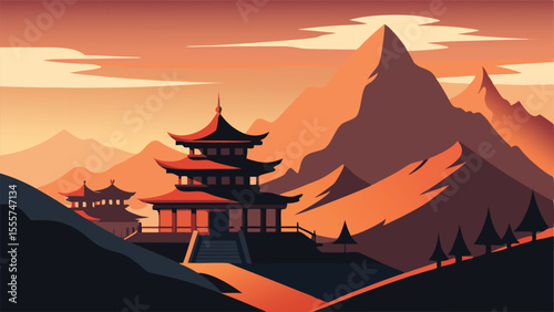 Temple structures nestled among mountains during sunset time landscape illustration