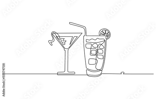 continuous one line drawing of exotic cocktail drinks. Cocktail drink continuous one line drawing. Black and white sketch vector illustration.