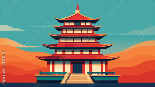 A vibrant pagoda structure with layered roofs against sky view landscape illustration