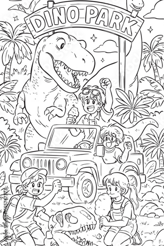 Fun black and white coloring page showing excited kids visiting a dinosaur park with a giant T-rex, off-road jeep, palm trees, fossils and snacks. Perfect for children.