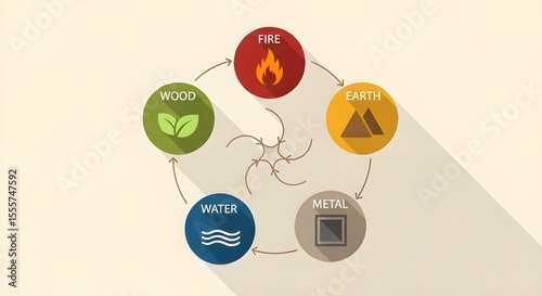 Five elements Fire, Wood, Water, Metal, and Earth represented by icons in circle on bright background