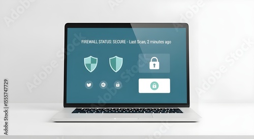 Laptop computer displaying Firewall Status Secure on white background
