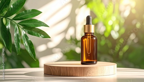 Amber Dropper Bottle on Wooden Stand with Green Leaf and Sunlight