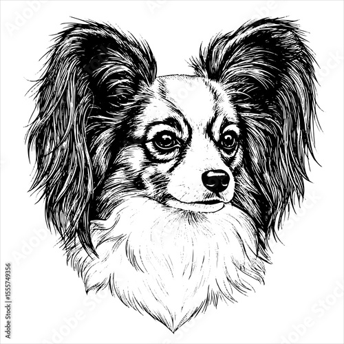 head Papillon dog pet portrait engraving intricate retro hand drawn style line art black and white vector illustration, isolated on white background