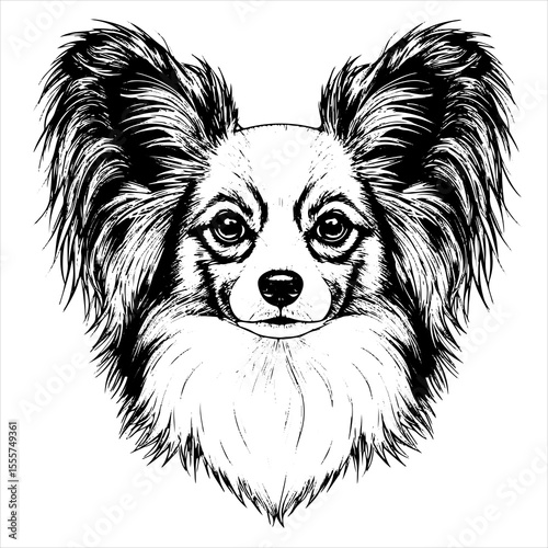 head Papillon dog pet portrait engraving intricate retro hand drawn style line art black and white vector illustration, isolated on white background