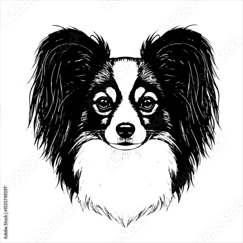 head Papillon dog pet portrait engraving intricate retro hand drawn style line art black and white vector illustration, isolated on white background