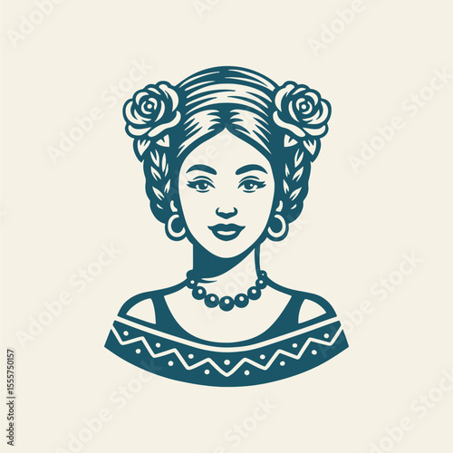 Beautiful young danish woman in traditional clothing. Retro vector illustration suitable as a logo, for textile printing or advertising of all kinds.