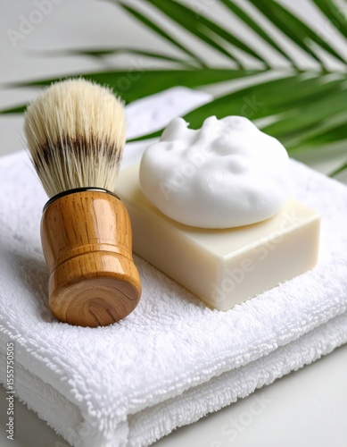 Bamboo Shaving Brush and Soap on White Towel with Palm Leaf