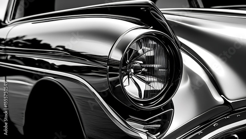 Close-up black and white image of a highly polished vintage car's headlight and fender.