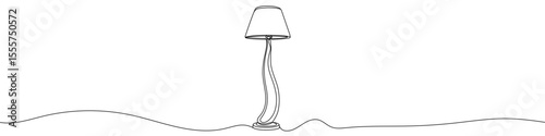 Black floor lamp in one line art style. Lamp drawing with editable stroke on white background. Vector illustration.
