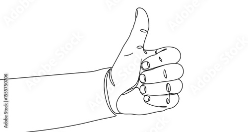 Black hand with thumb up (like) in one line art style. Hand drawing with editable stroke on white background. Vector illustration.