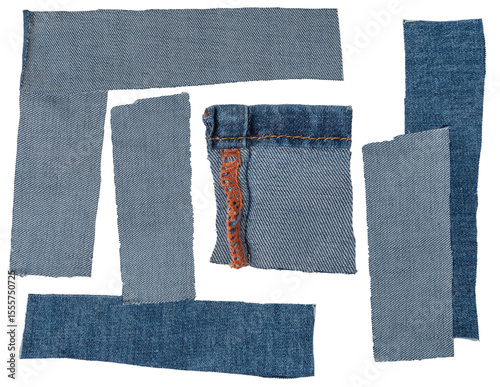 Isolated collection of blue denim scraps of fabric with copyspace on white background