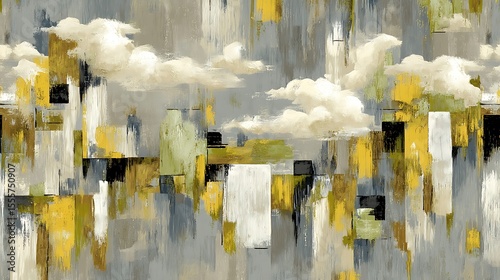 the image is an artwork featuring an abstract urban scene. light gray tones dominate the background, with vertical brushstrokes creating a sense of texture