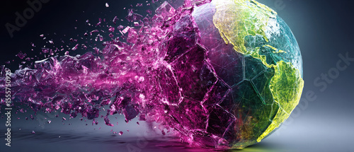 Abstract shattered earth globe exploding into pink crystal fragments