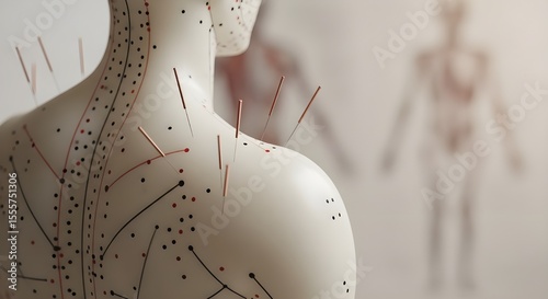 Acupuncture treatment with needles on a human body model