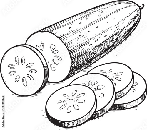 Cut Cucumber in Slices Vector Illustration, Sketch Drawing Line Linear Symbol Icon Engraving Coloring Book, Hand-drawn Black and White Isolated