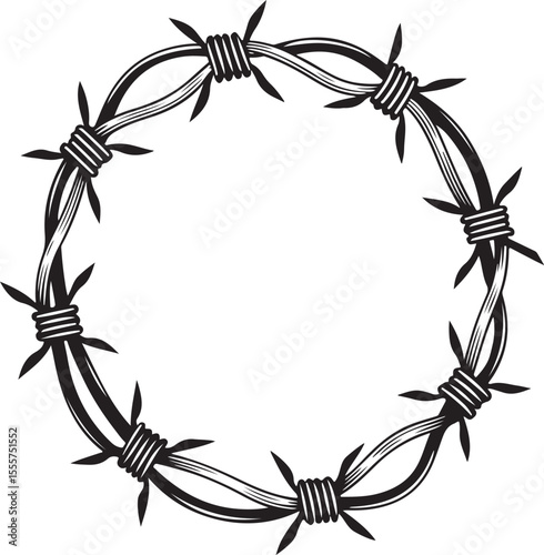 Barbed wire wreath (Circle, Round) Vector Illustration, Sketch Drawing Line Linear Symbol Icon Engraving Coloring Book, Hand-drawn Black and White Isolated