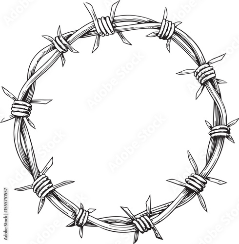 Barbed wire wreath (Circle, Round) Vector Illustration, Sketch Drawing Line Linear Symbol Icon Engraving Coloring Book, Hand-drawn Black and White Isolated