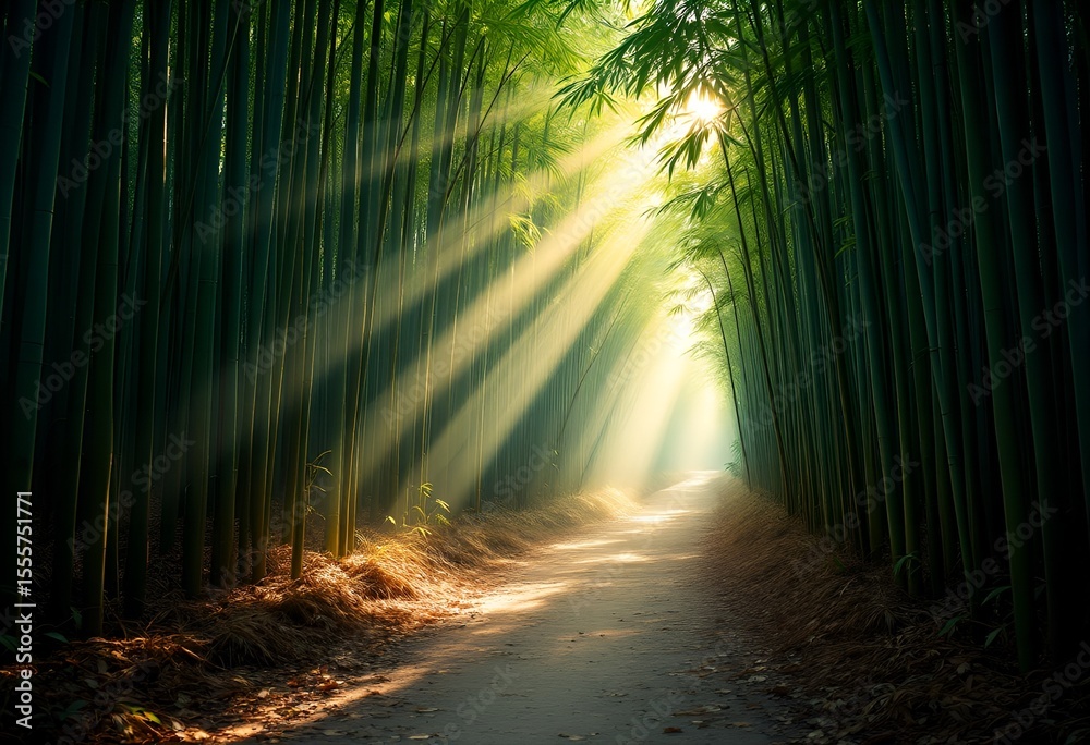 Fototapeta premium Sunlit Path Through Emerald Bamboo Forest Serene Mystical and Ethereal.
