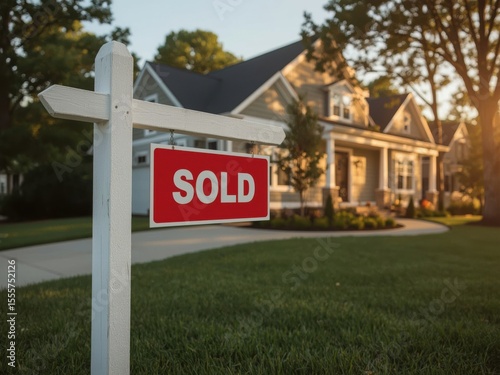 SOLD real estate sign in front of a beautiful house with lush green lawn during a warm sunny day.