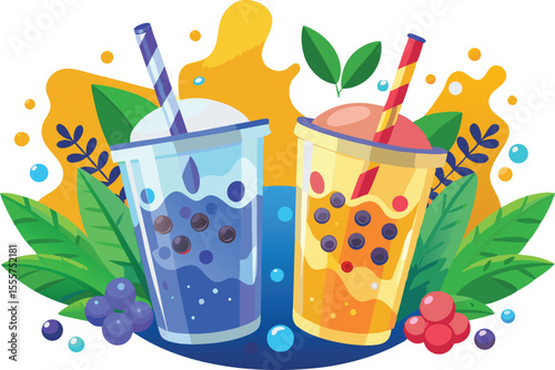 Two colorful bubble tea drinks with fruit and leaf decorations