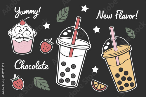 Cute Illustration of Boba Tea Cupcake and Fruit on Dark Background