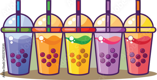 Colorful Bubble Tea Drinks with Tapioca Pearls Illustration on White
