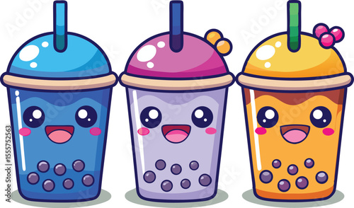 Cute Kawaii Bubble Tea Drinks with Smiling Faces and Boba Pearls