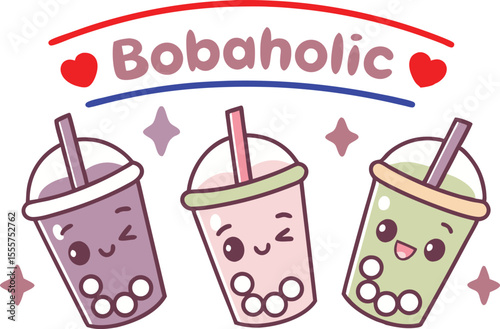 Cute Boba Tea Cartoon Illustration with Kawaii Faces and Bobaholic Text