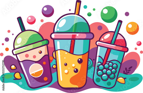 Colorful Bubble Tea Illustration with Boba Pearls and Unique Flavors