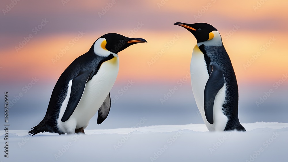 Obraz premium Cute penguins resting side by side on icy snow field during winter season