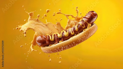 hot dog grilled sausage in a bun with mustard sauce . aspect ratio 16:9