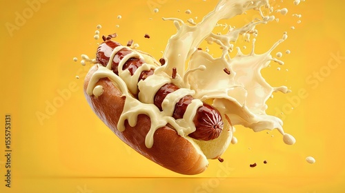 hot dog grilled sausage in a bun with white mild sauce . aspect ratio 16:9
