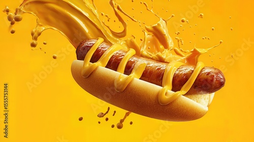 hot dog grilled sausage in a bun with mustard sauce . aspect ratio 16:9