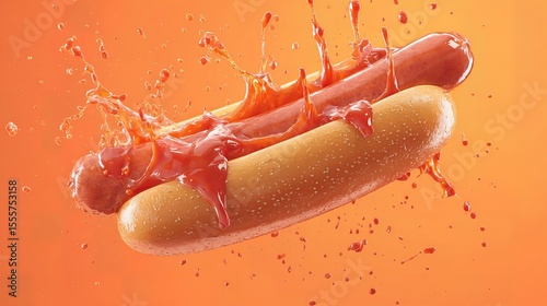 hot dog grilled sausage in a bun with ketchup sauce . aspect ratio 16:9