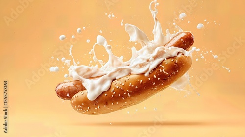 hot dog grilled sausage in a bun with white mild sauce . aspect ratio 16:9