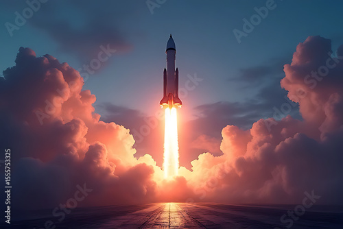 Futuristic rocket launching from a high-tech platform under twilight sky with dramatic lighting and glowing vapor trails, detailed background , cinematic atmosphere