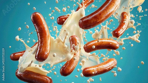 hot dog grilled sausages falling while being splashed by mild white sauce . aspect ratio 16:9