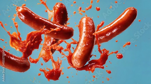 hot dog grilled sausages falling while being splashed by ketchup sauce . aspect ratio 16:9