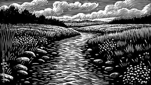 narrow stream winding through an open countryside, a black and white sketch vector hand drawn