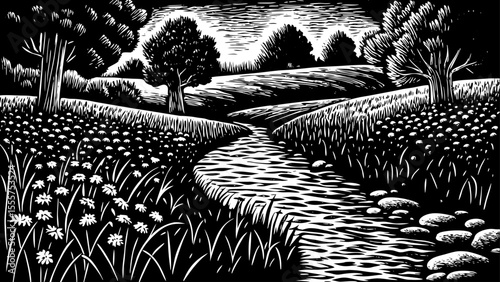 narrow stream winding through an open countryside, a black and white sketch vector hand drawn