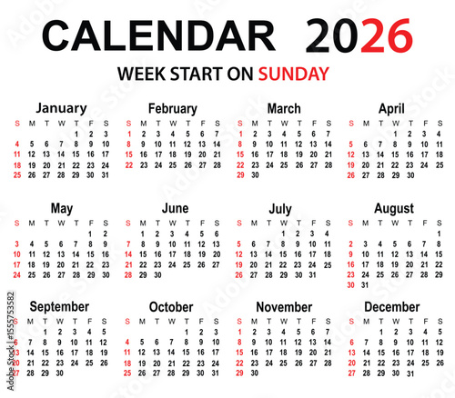 Calendar planner for 2026. Calendar set for 2026 year. Corporate and business calendar 2026. Week start on Sunday. Vector illustration of calendar template.