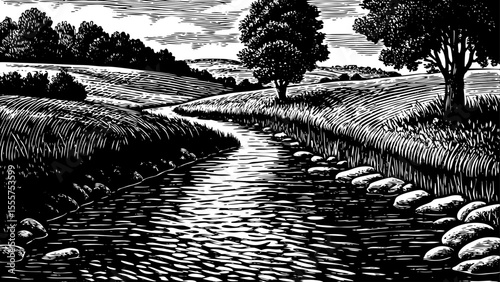 narrow stream winding through an open countryside, a black and white sketch vector hand drawn