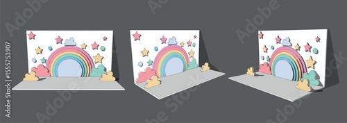 Birthday stall modern design, Stage branding and Corporate identity. 3d Realistic vector illustration of studio or exhibition room interior mockup. Birthday, kids, Trade expo.