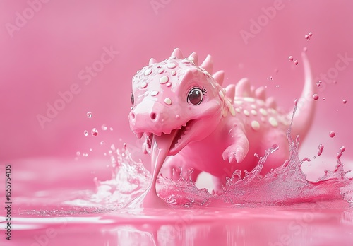 Cute pink creature splashing in water, surrounded by bubbles.